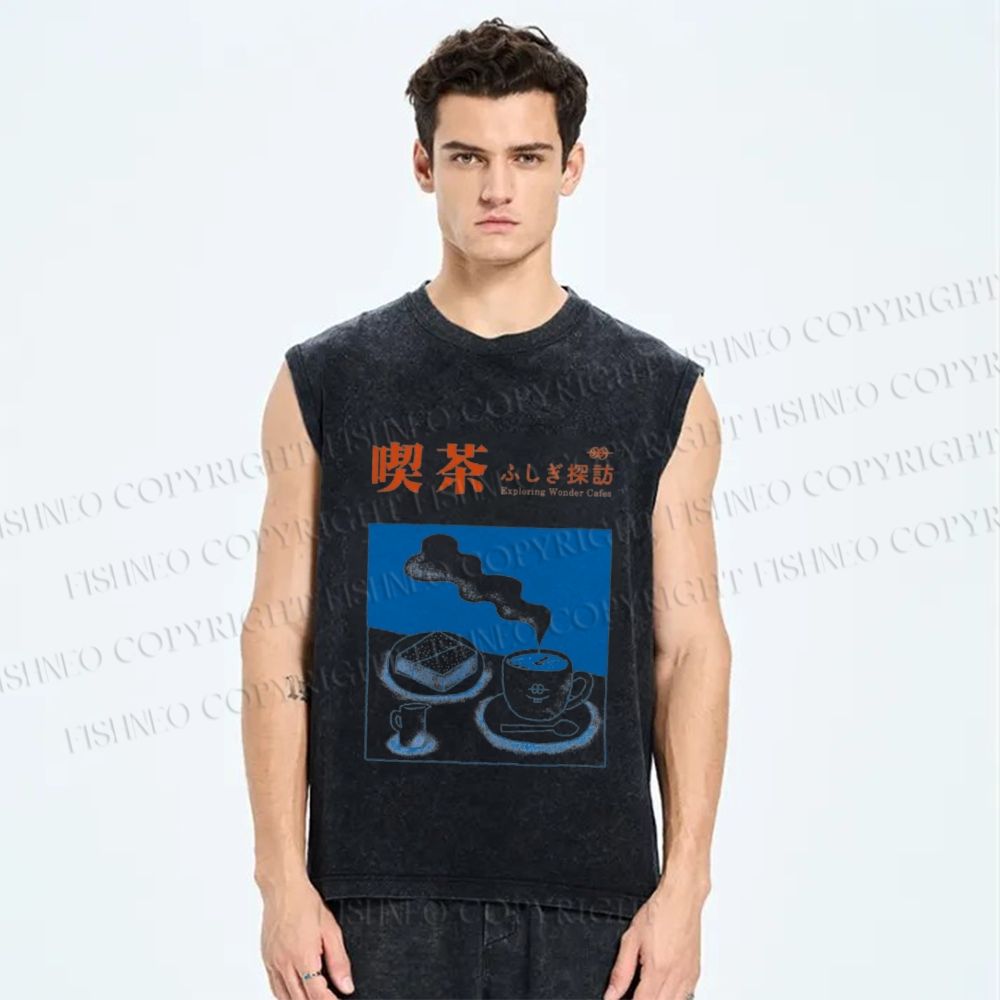 Unisex Exploring Wonder Cafes Printed Washed Tank Top