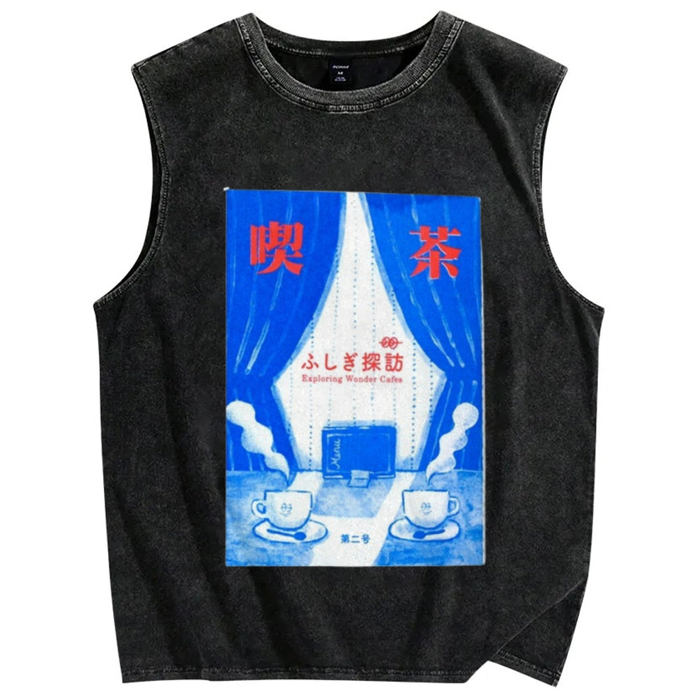 Unisex Exploring Wonder Cafes Printed Washed Tank Top