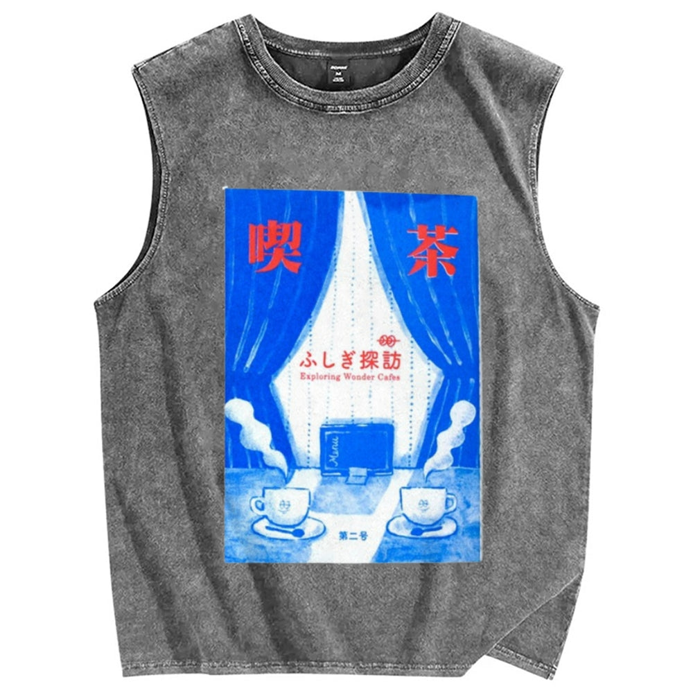 Unisex Exploring Wonder Cafes Printed Washed Tank Top