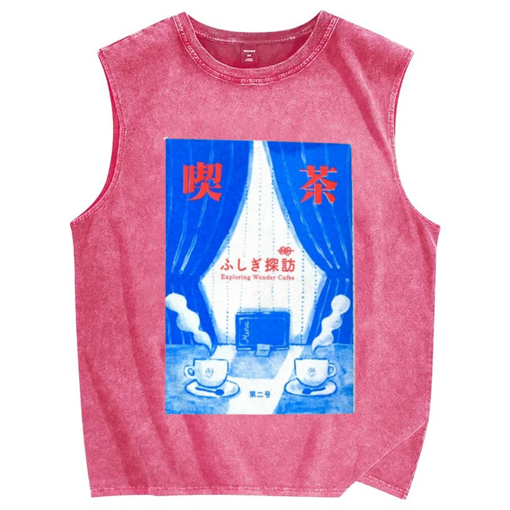 Unisex Exploring Wonder Cafes Printed Washed Tank Top