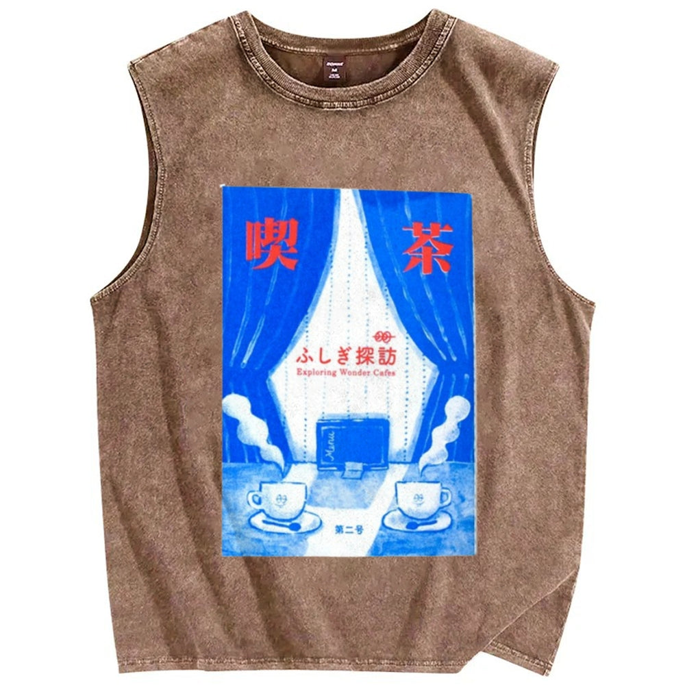 Unisex Exploring Wonder Cafes Printed Washed Tank Top