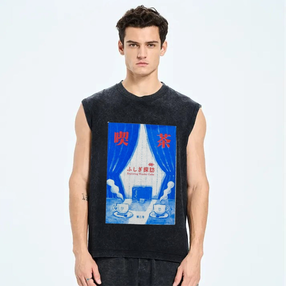Unisex Exploring Wonder Cafes Printed Washed Tank Top