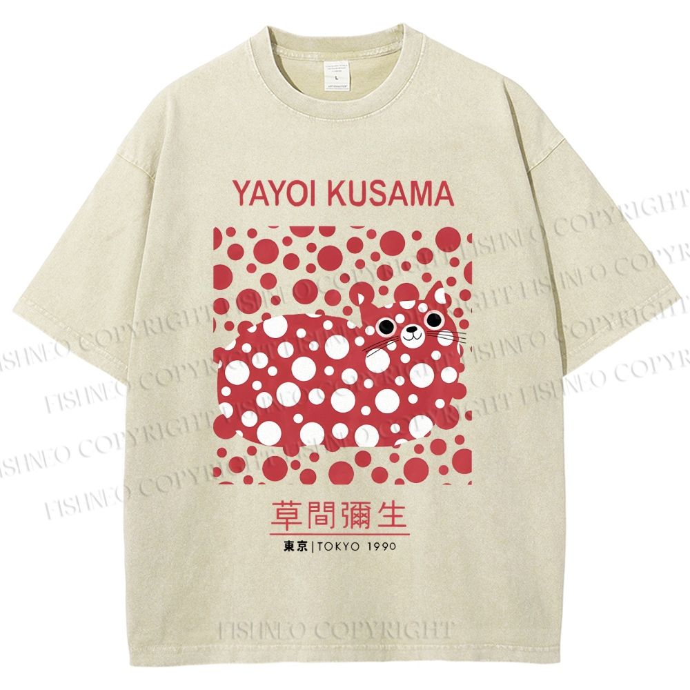 Unisex Yayoi Kusama Cat Printed Washed Tee