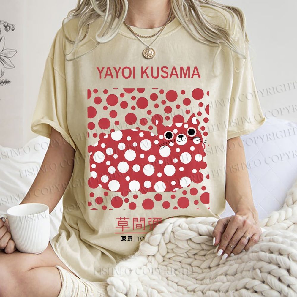 Unisex Yayoi Kusama Cat Printed Washed Tee