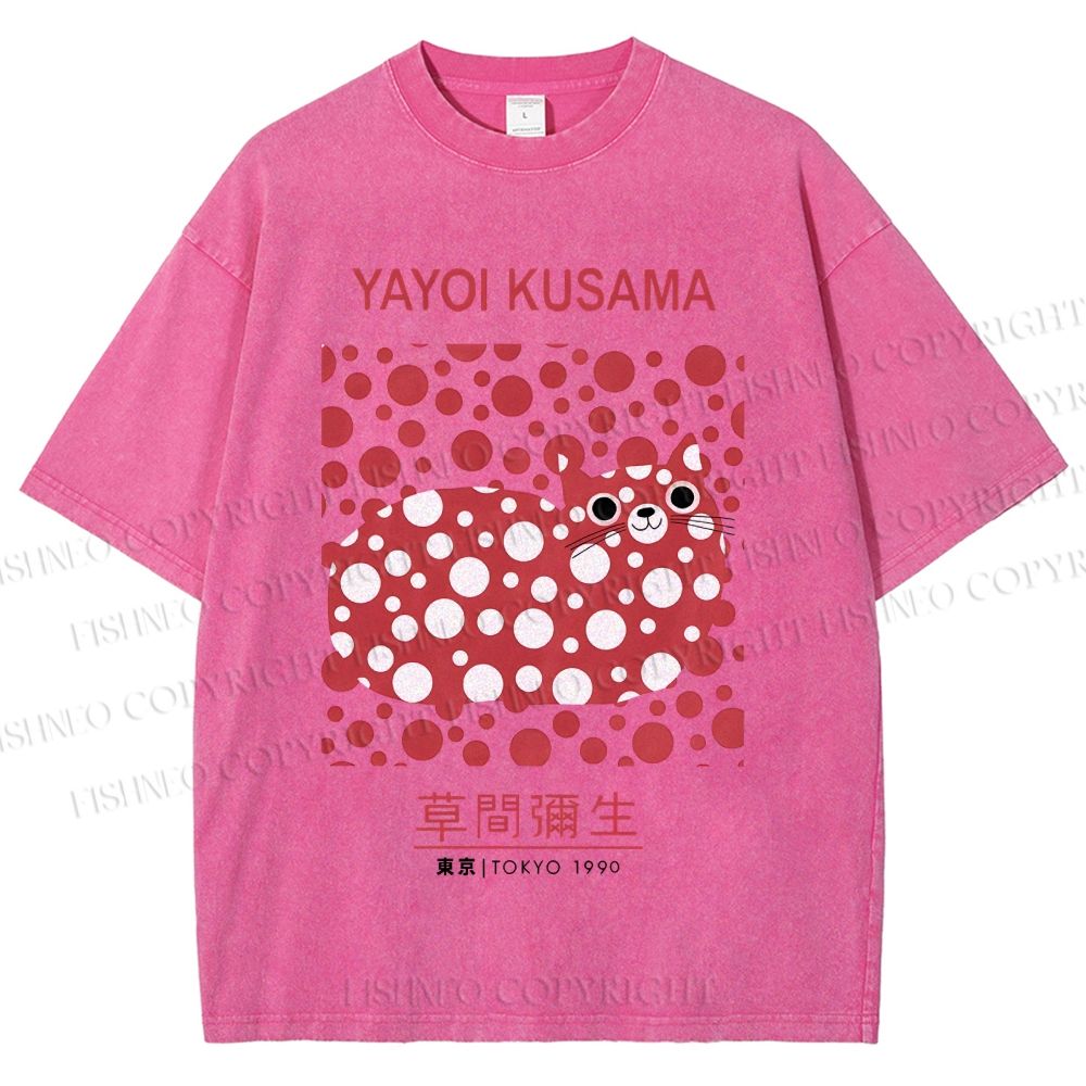 Unisex Yayoi Kusama Cat Printed Washed Tee