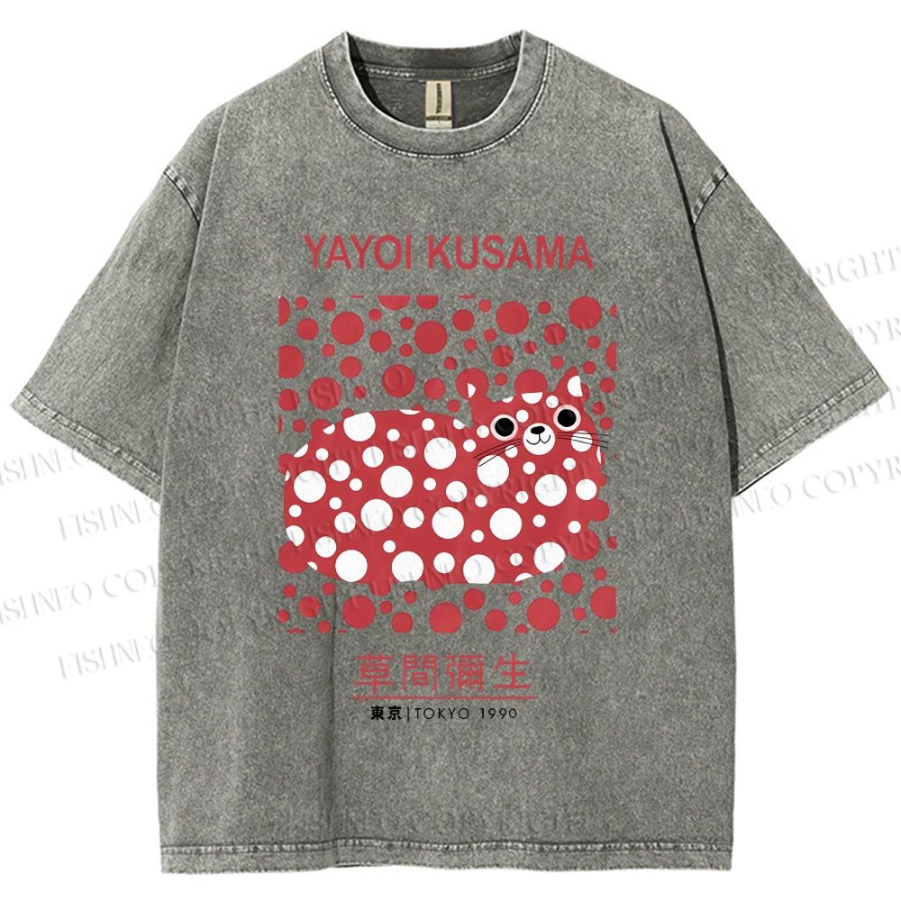 Unisex Yayoi Kusama Cat Printed Washed Tee