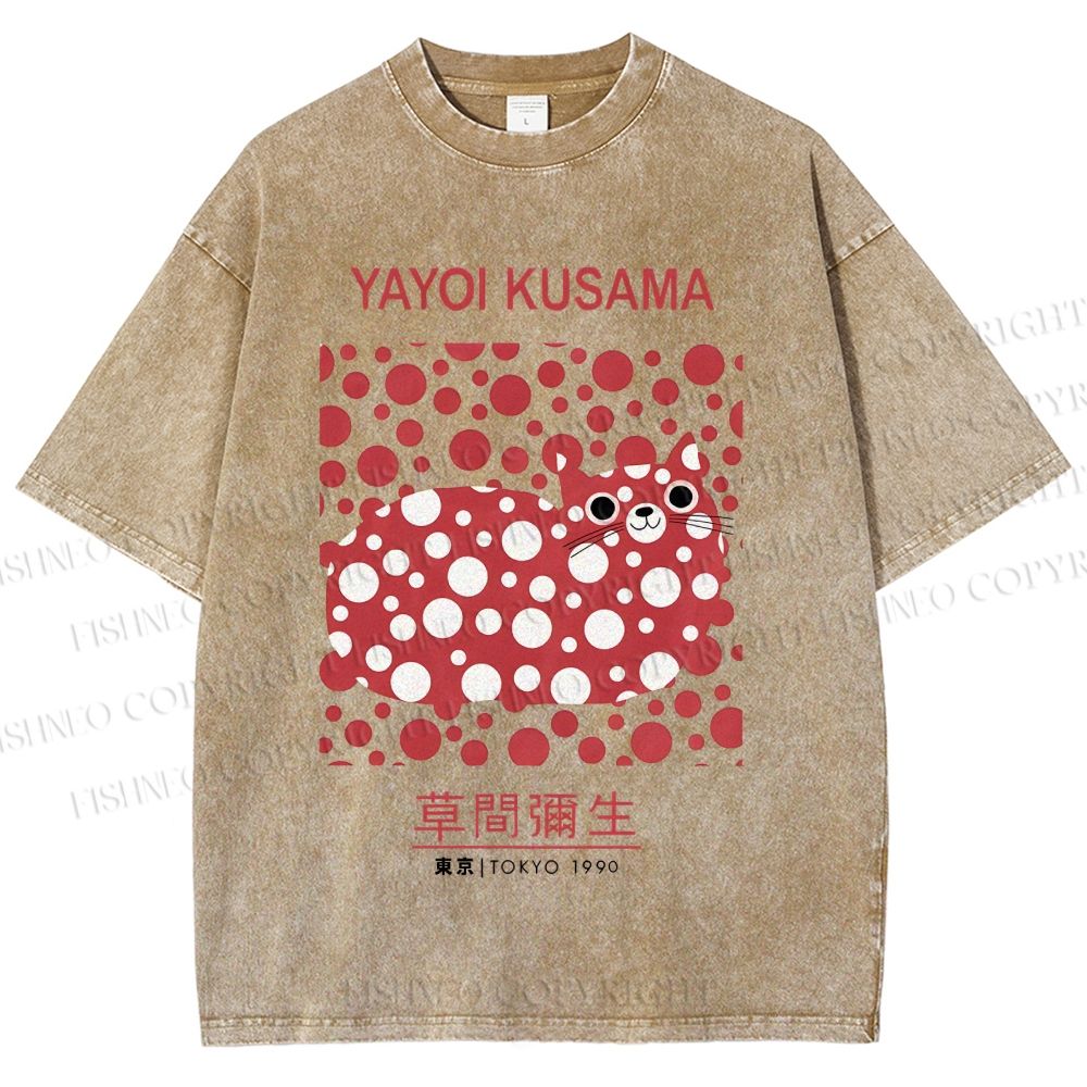 Unisex Yayoi Kusama Cat Printed Washed Tee