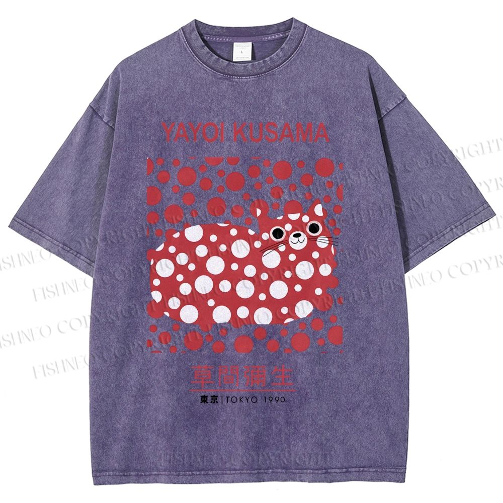 Unisex Yayoi Kusama Cat Printed Washed Tee