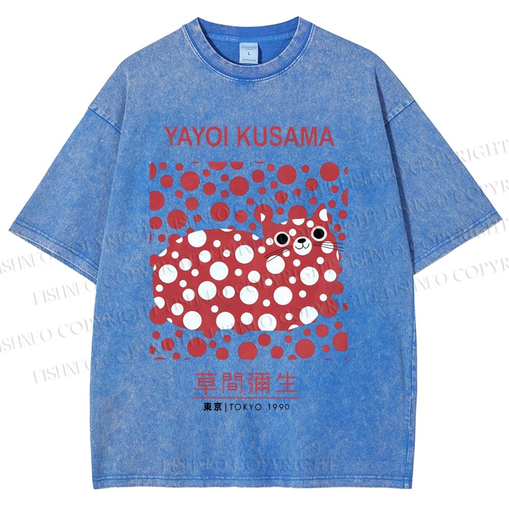 Unisex Yayoi Kusama Cat Printed Washed Tee