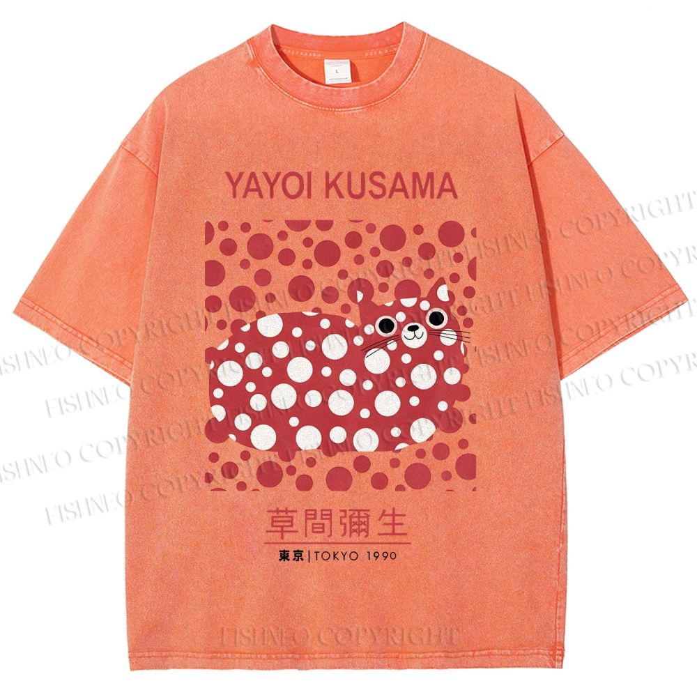 Unisex Yayoi Kusama Cat Printed Washed Tee