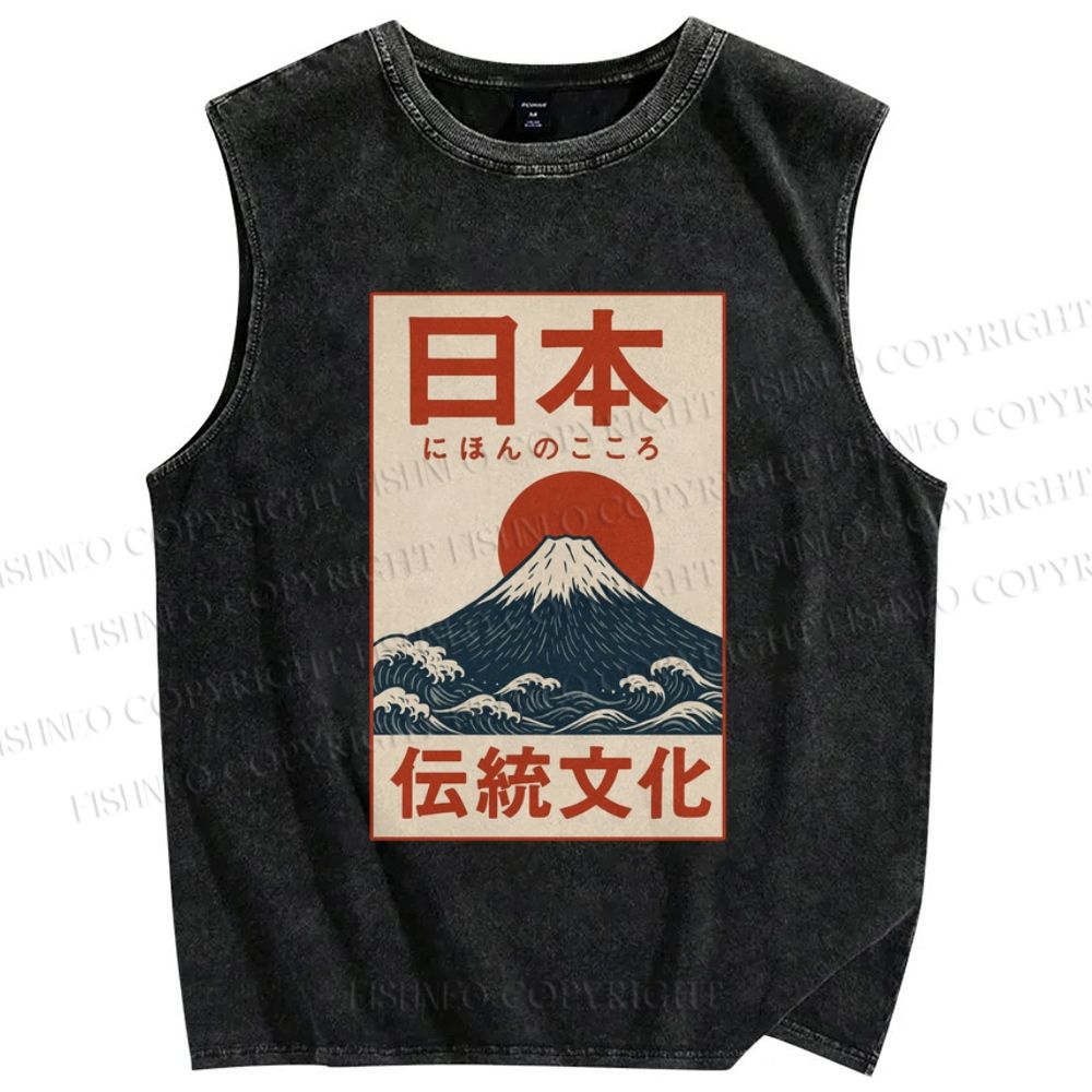 Unisex Japan Mount Fuji Printed Washed Tank Top