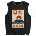 Unisex Japan Mount Fuji Printed Washed Tank Top