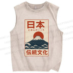 Unisex Japan Mount Fuji Printed Washed Tank Top