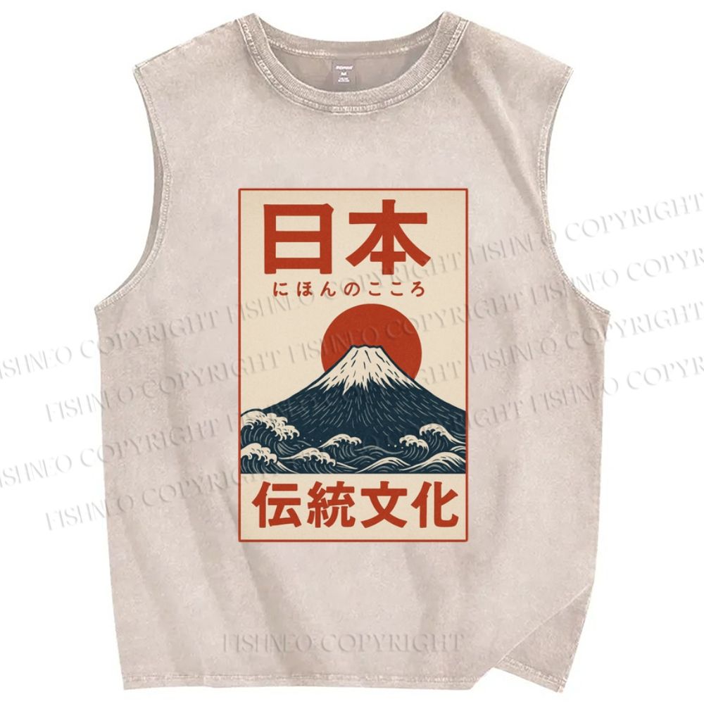 Unisex Japan Mount Fuji Printed Washed Tank Top
