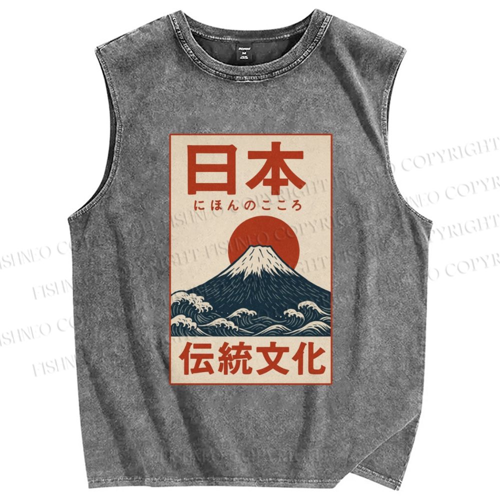 Unisex Japan Mount Fuji Printed Washed Tank Top