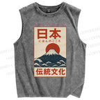 Unisex Japan Mount Fuji Printed Washed Tank Top