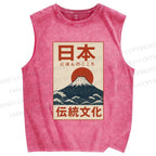 Unisex Japan Mount Fuji Printed Washed Tank Top