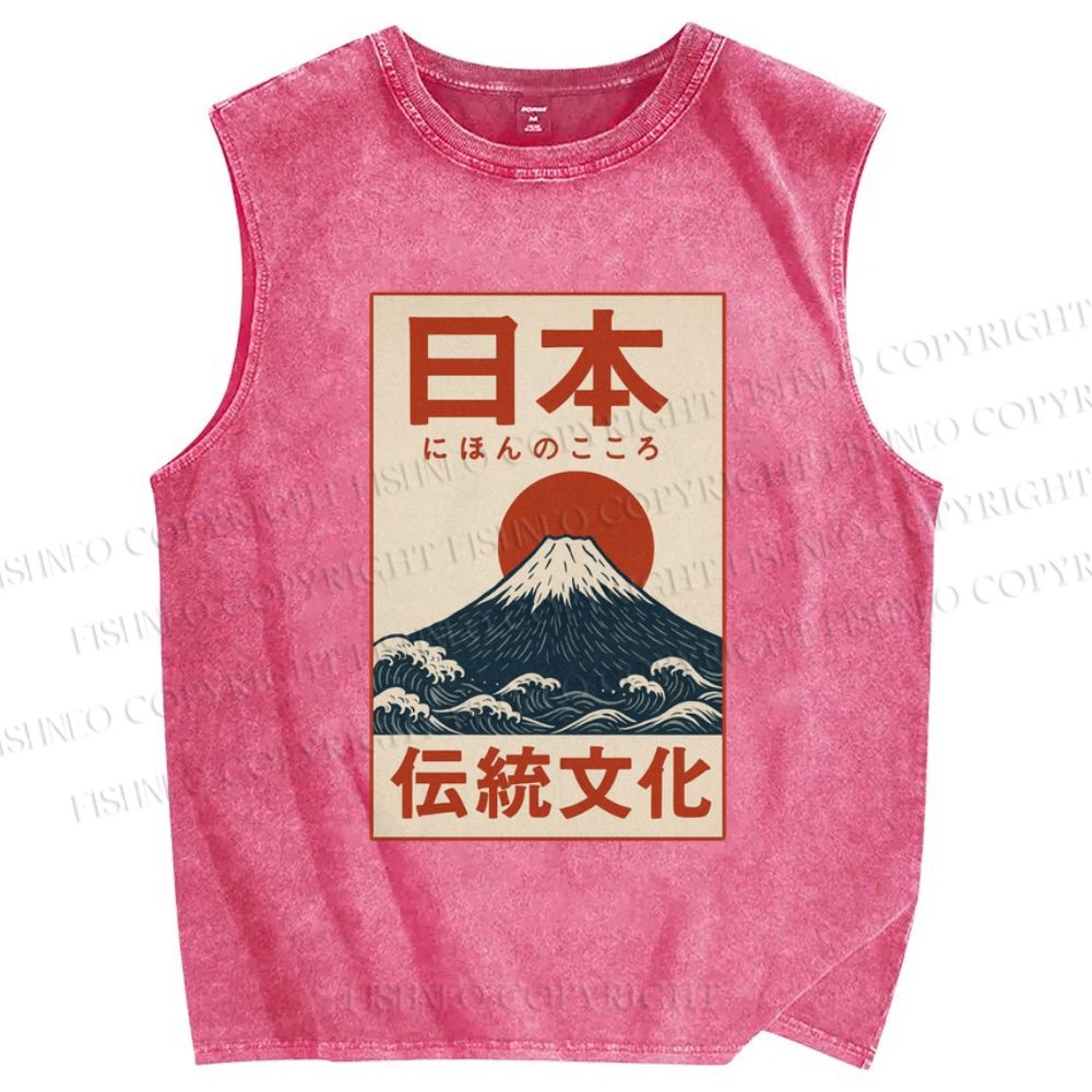 Unisex Japan Mount Fuji Printed Washed Tank Top