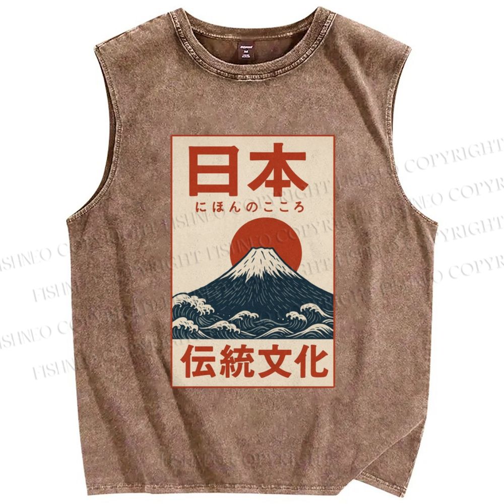 Unisex Japan Mount Fuji Printed Washed Tank Top