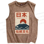 Unisex Japan Mount Fuji Printed Washed Tank Top