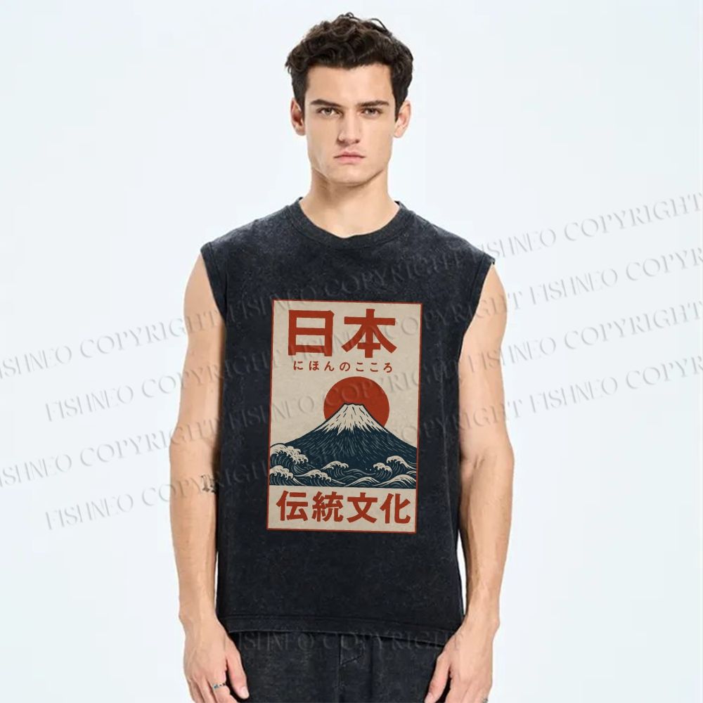 Unisex Japan Mount Fuji Printed Washed Tank Top