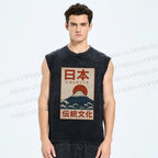 Unisex Japan Mount Fuji Printed Washed Tank Top