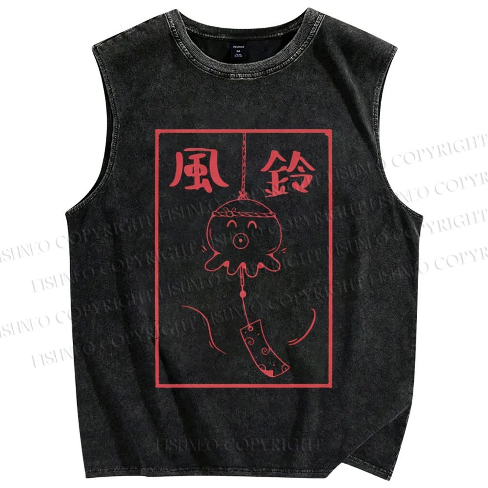 Unisex Japanese Wind Chime Printed Washed Tank Top
