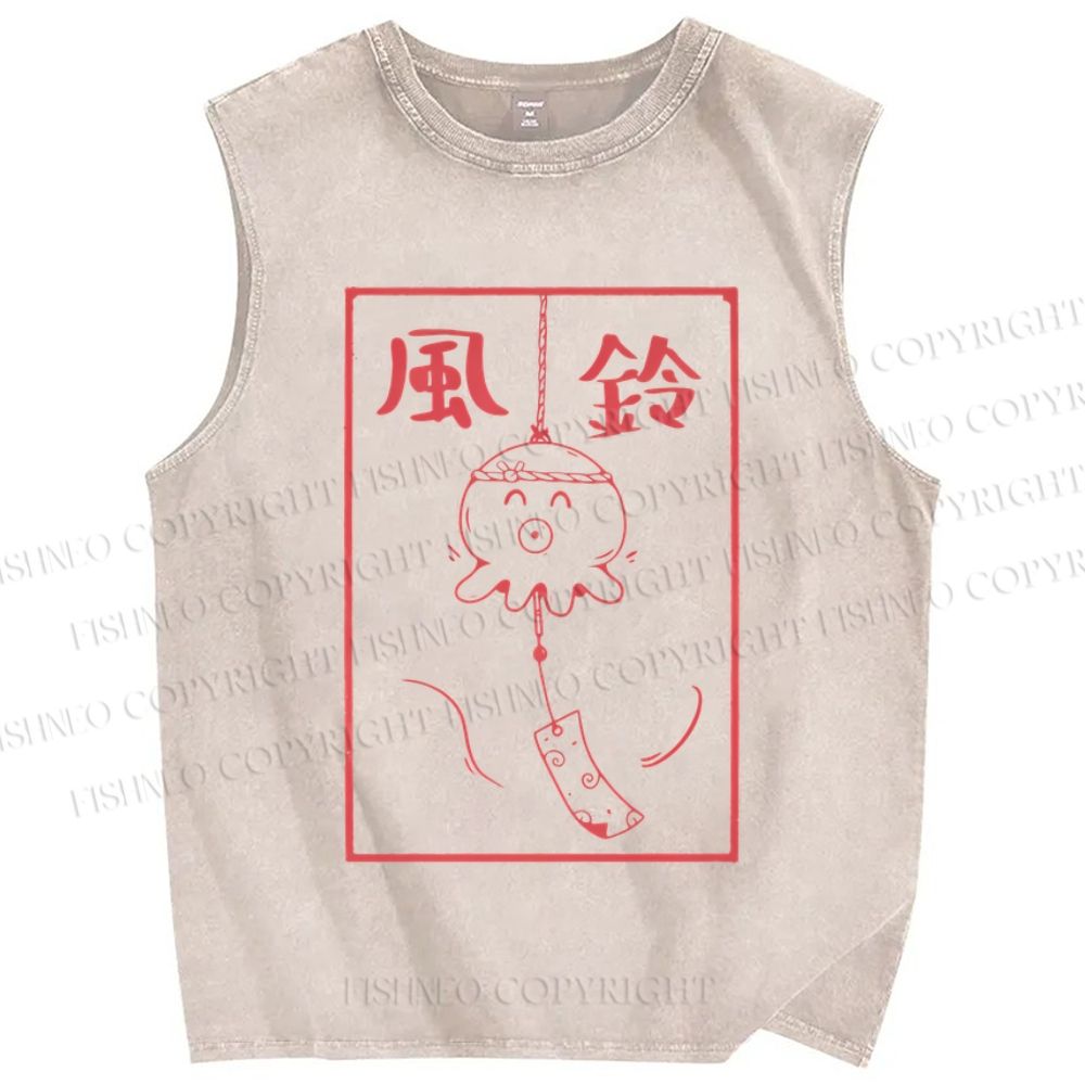 Unisex Japanese Wind Chime Printed Washed Tank Top