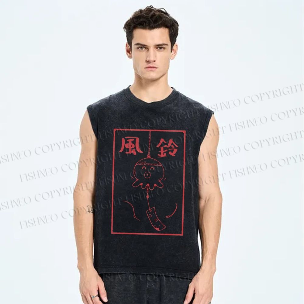 Unisex Japanese Wind Chime Printed Washed Tank Top