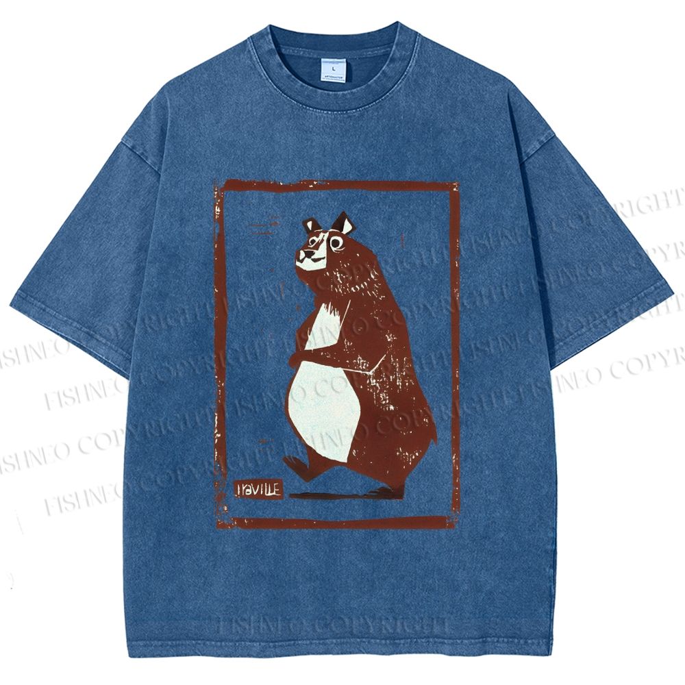 Unisex Cartoon Bear Printed Washed Tee