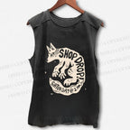 Unisex Funny Tattoo Wolf Printed Washed Tank Top