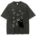 Unisex Bad Cartoon Cat Printed Washed Tee