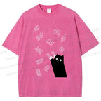 Unisex Bad Cartoon Cat Printed Washed Tee