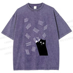 Unisex Bad Cartoon Cat Printed Washed Tee