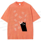 Unisex Bad Cartoon Cat Printed Washed Tee