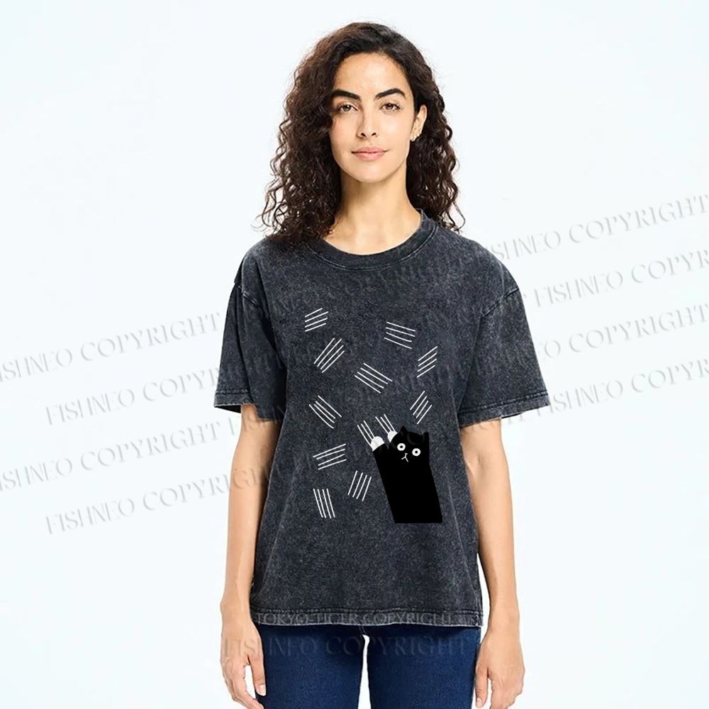 Unisex Bad Cartoon Cat Printed Washed Tee