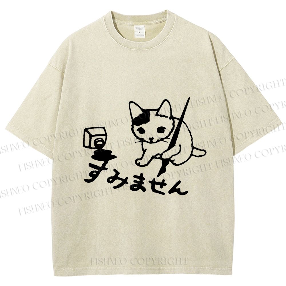 Unisex Vintage Japanese Ink Cat Printed Washed Tee