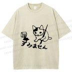 Unisex Vintage Japanese Ink Cat Printed Washed Tee