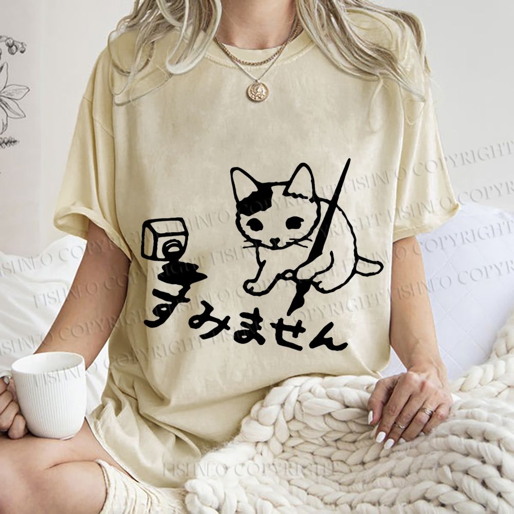 Unisex Vintage Japanese Ink Cat Printed Washed Tee
