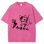 Unisex Vintage Japanese Ink Cat Printed Washed Tee