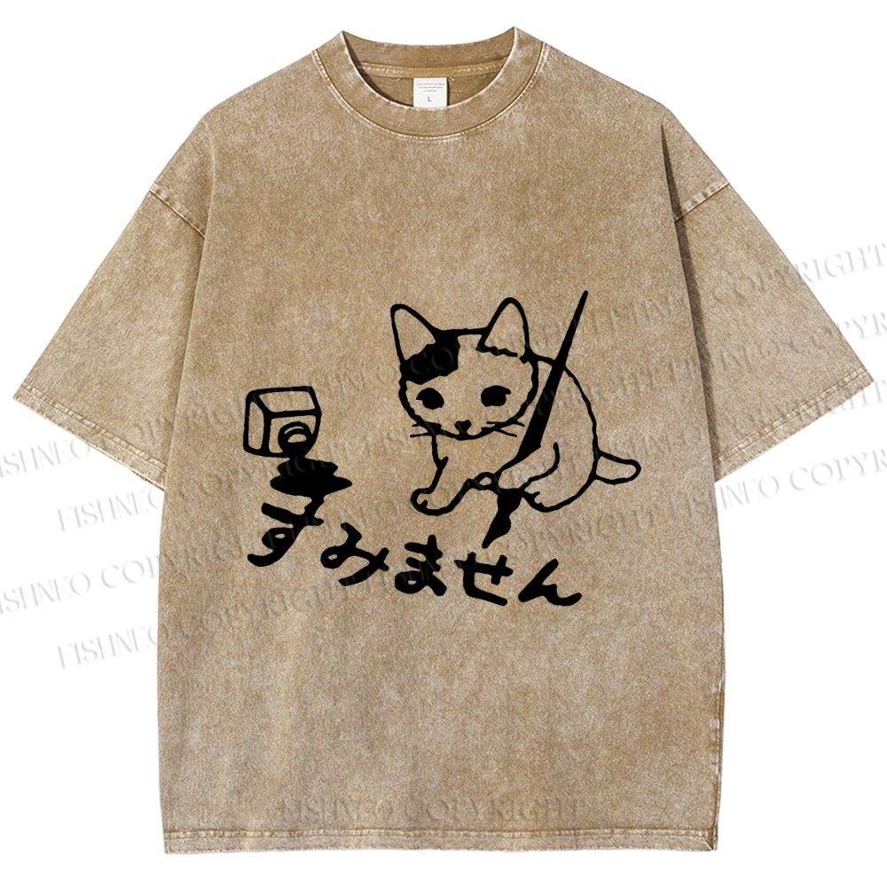 Unisex Vintage Japanese Ink Cat Printed Washed Tee