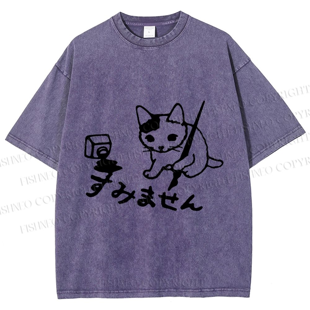 Unisex Vintage Japanese Ink Cat Printed Washed Tee