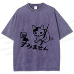 Unisex Vintage Japanese Ink Cat Printed Washed Tee