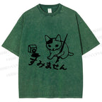 Unisex Vintage Japanese Ink Cat Printed Washed Tee