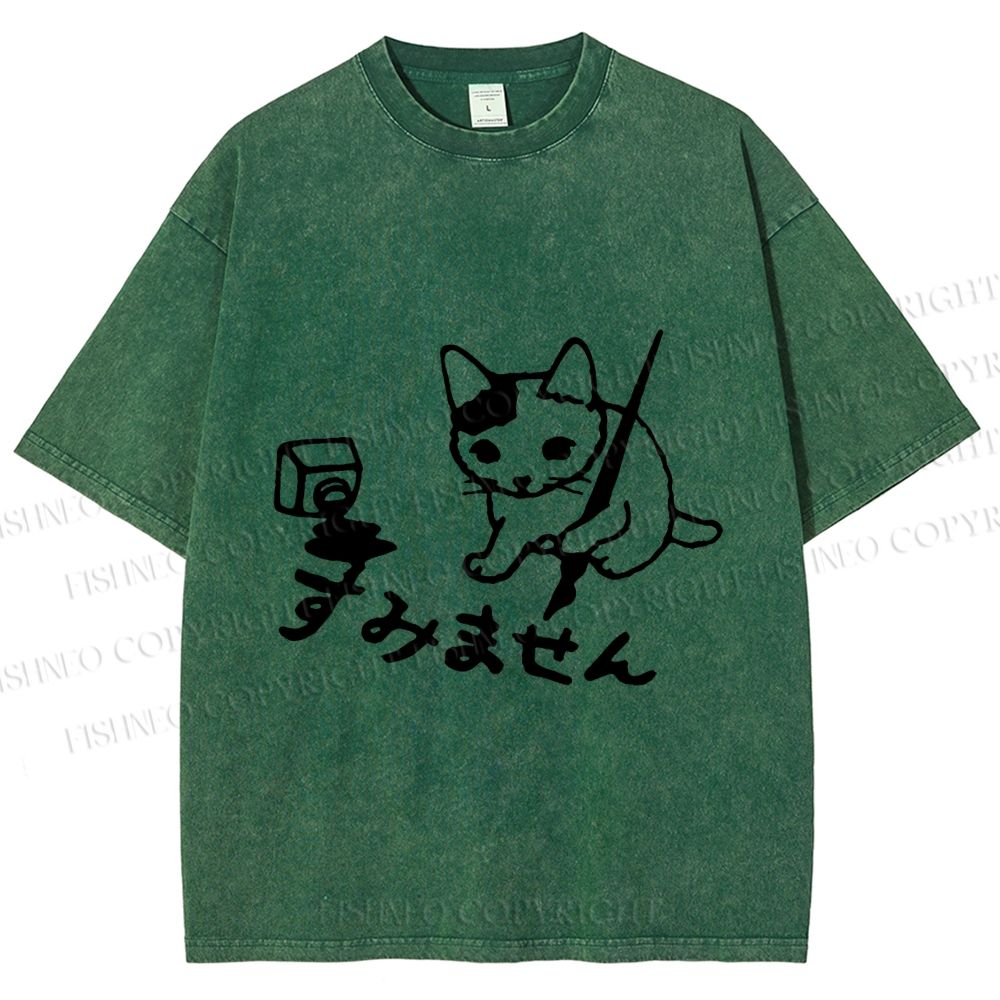 Unisex Vintage Japanese Ink Cat Printed Washed Tee