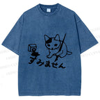 Unisex Vintage Japanese Ink Cat Printed Washed Tee