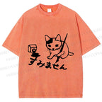Unisex Vintage Japanese Ink Cat Printed Washed Tee