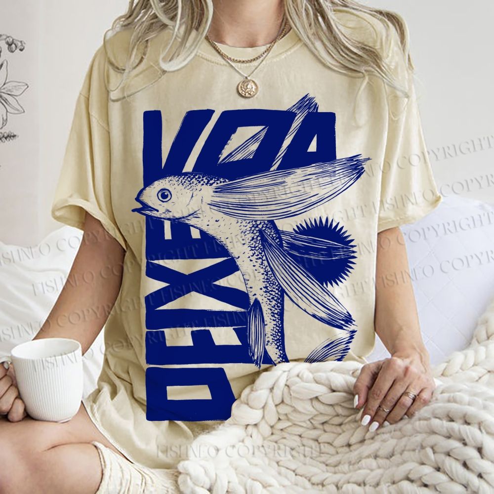 Unisex Funny Fish Printed Washed Tee