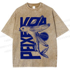 Unisex Funny Fish Printed Washed Tee