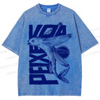 Unisex Funny Fish Printed Washed Tee
